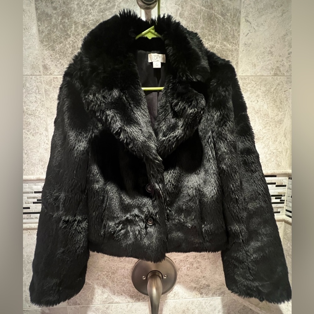 Ann Taylor LOFT Cropped Black Faux Fur Jacket